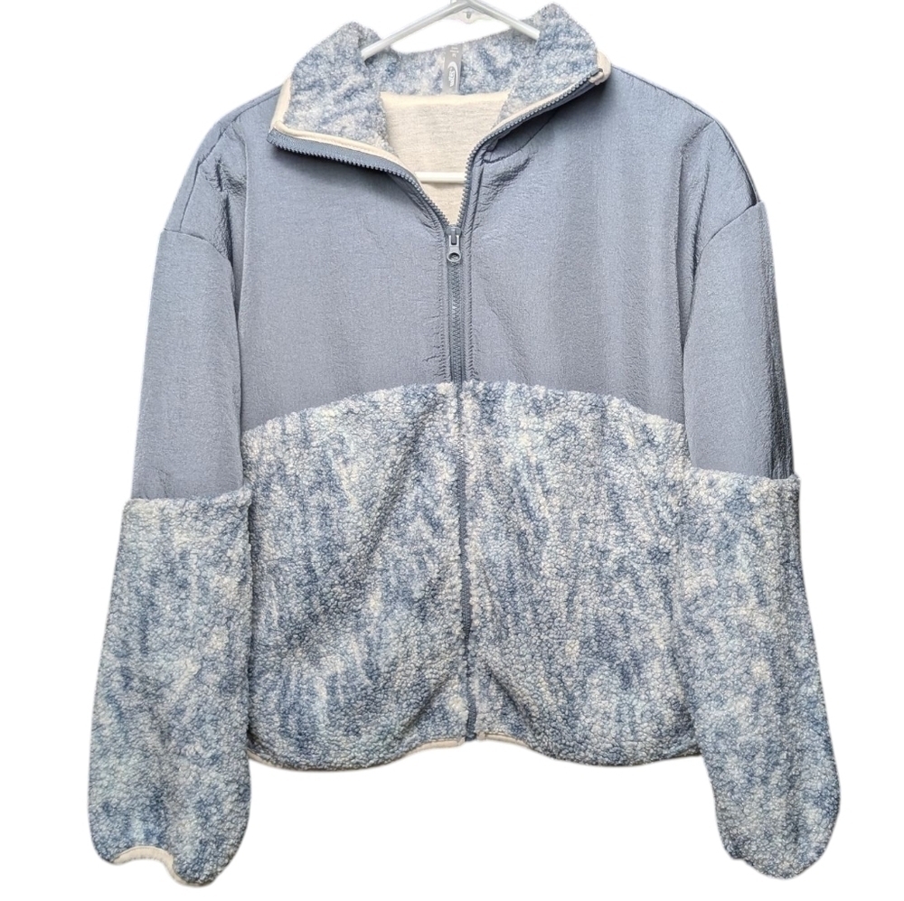 New Cozy Blue White Fleece Jacket Full Front Zipper Fast Dry Recycled Polyester - Picture 1 of 10